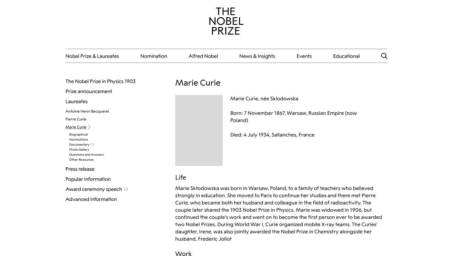 Marie Curie laureate page on the Nobel Prize site
